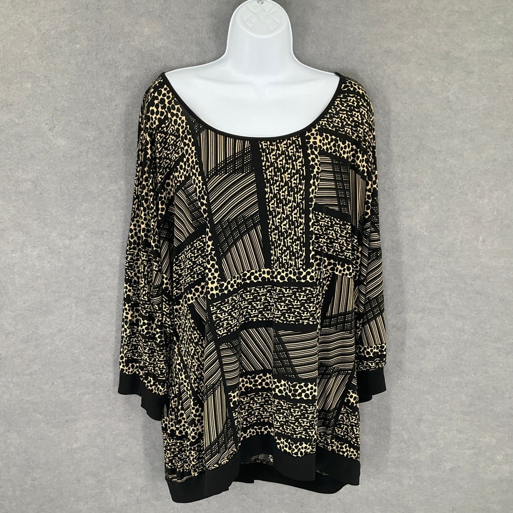 Liz & Co Top Woman Sz 3X Black Beige Pattern Patchwork Pring Tunic Blouse